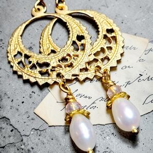 Freshwater Pearl Victorian Antique Hoop Drop Earrings,New